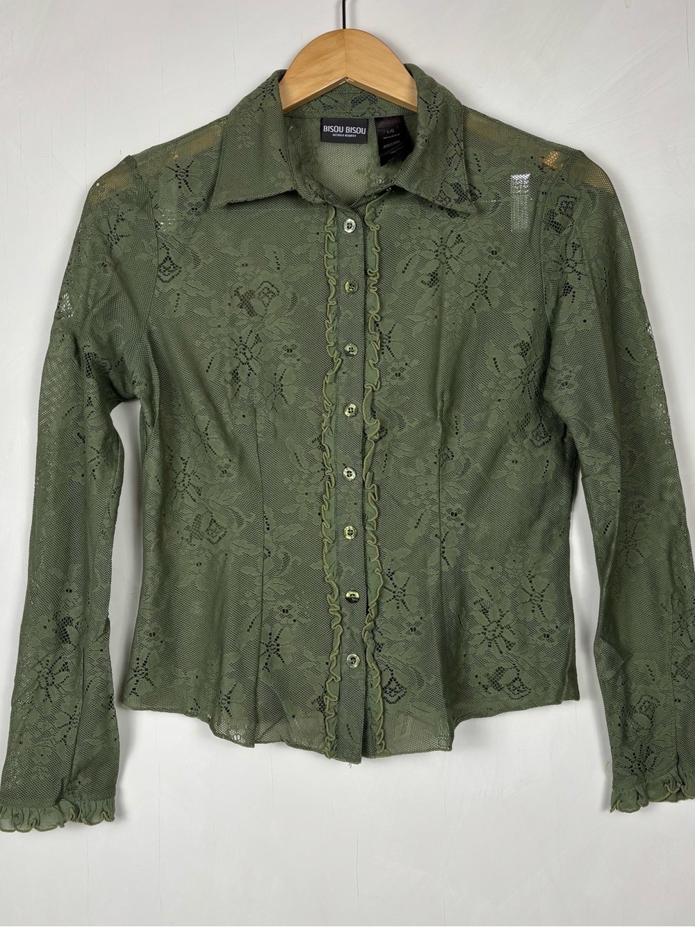 Rare Bisou Bisou Y2K Sheer Lace Blouse Green Mesh Floral Ruffle Fairycore Lg